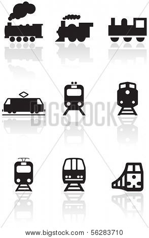 Vector set of different train illustrations or symbols. All vector objects are isolated. Colors and transparent background color are easy to adjust.