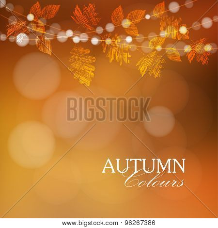 Autumn, Fall Background With Leaves And Lights, Vector