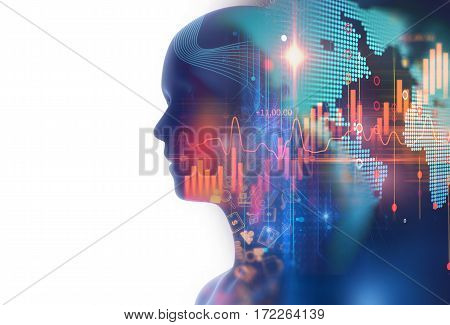 Double Exposure Image Of Financial Graph And Virtual Human 3Dillustration