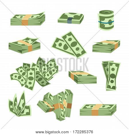 Dollar paper business finance money stack of bundles us banking edition and banknotes bills isolated wealth sign investment currency vector illustration. American loan commerce concept.