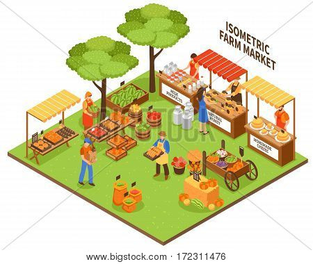 Local growing outdoor funfair market isometric composition with farmer greengrocer characters selling natural organic food products vector illustration