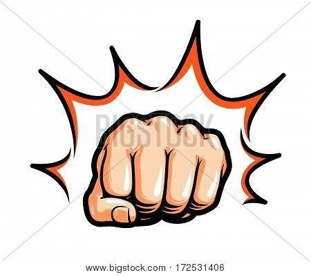 Hand, fist punching or hitting. Comic pop art, symbol. Vector illustration isolated on white background