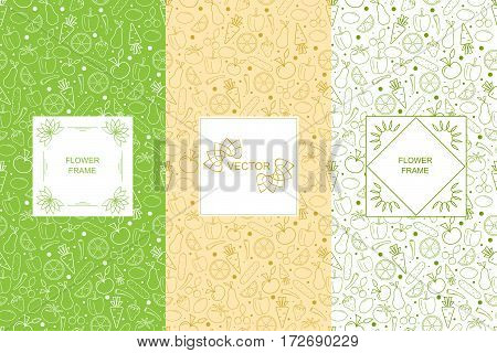 Vitamins seamless pattern. Vegetables and fruits. Vegan green linear background. The concept of organic food and vegetarian. The template and the label for healthy. Vector illustration.