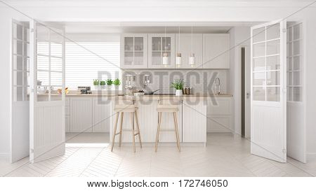 Scandinavian Classic Kitchen With Wooden And White Details, Minimalistic Interior Design