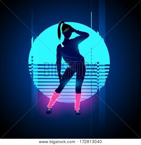 Retro 1980's glowing neon dancing lady with glitch sunset background. Vector illustration