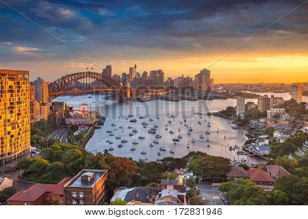 Sydney. Cityscape image of Sydney, Australia with Harbour Bridge and Sydney skyline during sunset.