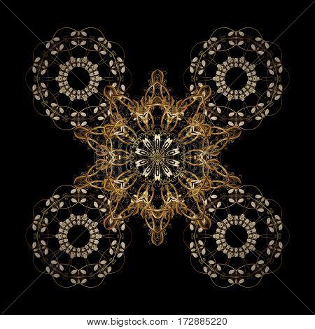 Golden Snowflake. Flat Design With Abstract Snowflakes Isolated On Black Background. Snowflakes Patt