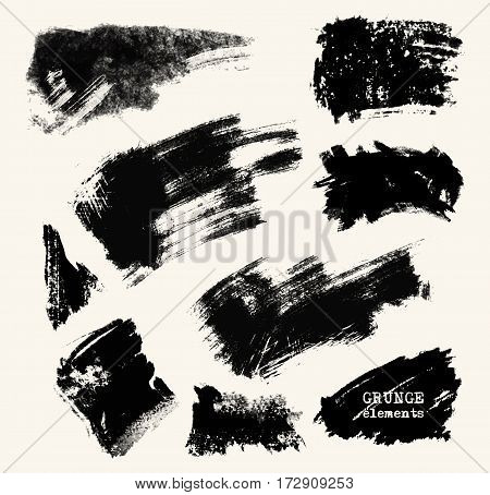 Vector set of black brush strokes. Grunge isolated elements. Smoke brushes for your design. Freehand. Ink splash. Acrylic stamp. Vector illustration