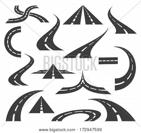 Vector road icons. Highways and roads signs for trip and journey maps motion isolated on white background. Path of roads straight and curved illustration