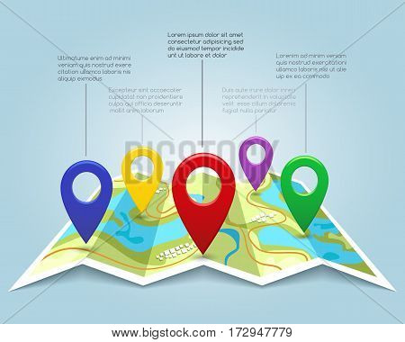 Map with pin markers vector illustration. Cartography location pointers. Banner with map marks and color pins