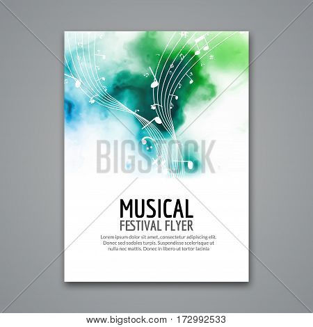 Colorful vector music festival concert template flyer. Musical flyer design poster with notes.