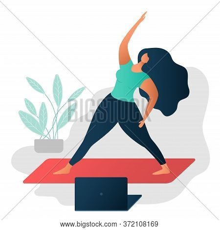 Body Positive Concept. On-line Yoga And Wellness Concept. Happy Yoga Plus Size Girl. Attractive Over