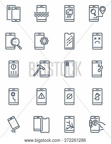 Mobile Phone Repair Icons. Smartphone Falling Down, Scratches On Screen, Dropped Cell, Broken Temper