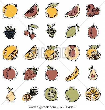 Fruits Icons Set. Hand Drawing. Line Art. Fruits Icons Art. Fruits Icons Web. Fruits Icons New. Frui