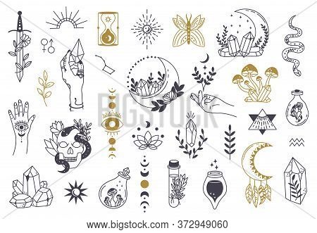 Witch Magic Symbols. Doodle Esoteric, Boho Mystical Hand Drawn Elements, Magic Witchcraft Crystal, E