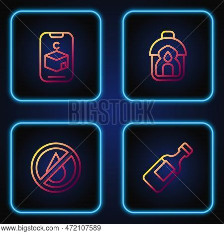 Set Line Bottle Of Water, No, Star And Crescent And Ramadan Kareem Lantern. Gradient Color Icons. Ve