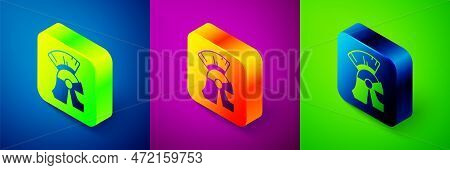 Isometric Roman Army Helmet Icon Isolated On Blue, Purple And Green Background. Square Button. Vecto