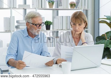 Stressed Husband, Wife Senior Couple Elderly Family, Caucasian Mature, Retired Calculate Budget From