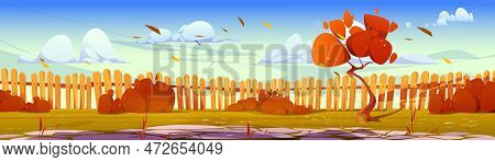 Autumn Backyard Garden With Wooden Fence Vector Illustration. Empty Fall Rural Back Yard With Stone 