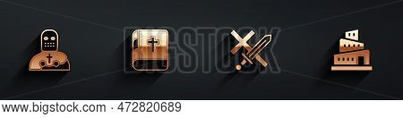 Set Knight Crusader, Holy Bible Book, Crusade And Babel Tower Story Icon With Long Shadow. Vector