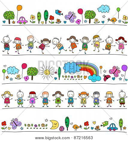 colorful pattern with children and cute nature elements, child like drawing style