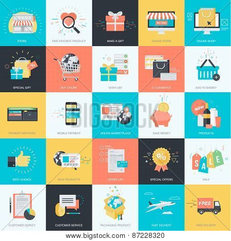 Set of flat design style concept icons for e-commerce