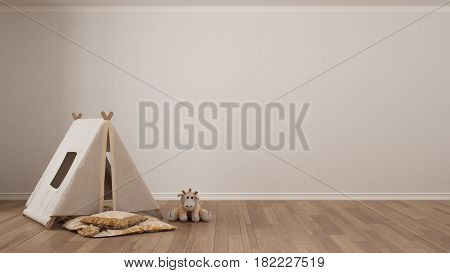 Kids minimalist white background with child tent blanket pillow and toy on parquet flooring child room nursery interior design, 3d illustration