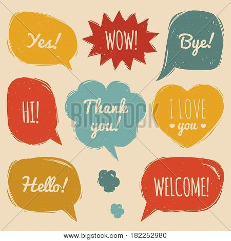 Vector set of speech bubbles in comic style. Hand drawn set of dialog windows with phrases Hi, Hello, Thank you, Yes, Wow, Bye, Welcome, I love you.