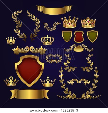 Golden vector heraldic elements. Kings crowns, laurel wreath and royal shield for 3d labels and badges. Frame heraldic crown, illustration of golden royal crown