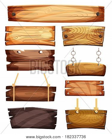 Old west empty signboards or wood plank. Blank wooden boards with nails for banners or messages hanging on chains or ropes. Rustic cartoon signpost or billboard, notice and information theme