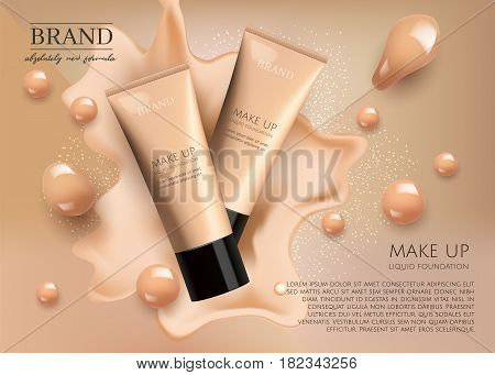 Modern VIP cosmetic ads, make up liquid foundation for sale. Elegant beige and gold color face cream tube with drops of cream isolated on splash  background , gloss effect. 3D realistic vector