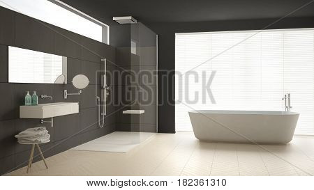 Minimalist bathroom with bathtub and shower parquet floor and marble tiles classic gray interior design, 3d illustration