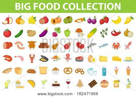 Big set icons food, flat style. Fruits, vegetables, meat, fish, bread, milk, sweets. Meal icon isolated on white background Ingredients collection Vector illustration