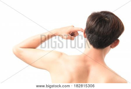 Man scratching an itch ear with finger on white background health care and medical concept