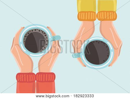 Vector illustration of two friends drinking coffee. Tea Coffee Break, Cup Mug, Top view of table in cafe. Woman frienship in automn. Friendly support in difficult times, woman conversation coffee house