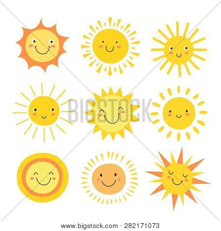 Sun Emoji. Funny Summer Sunshine, Sun Baby Happy Morning Emoticons. Cartoon Sunny Smiling Faces Vect