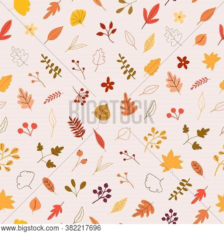 Autumn Mood Seamless Pattern With Yellow, Orange Leaves, Berries. Welcome Fall Season Thanksgiving B