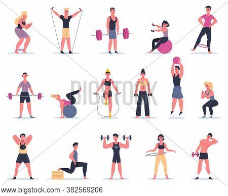 Sport People. Young Athletes At Sport Gym, Male Female Fitness Workout Characters Training And Exerc