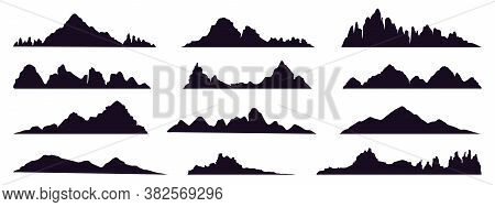 Mountains Silhouette. Mountain Peak, Hills Tops, Berg And Mountain Valley Silhouette, Tibet Or Alps 