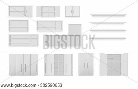 Vector Set Of Cabinets Isolated On White Background. Bathroom Cabinet, Wardrobe, Wall Shelf, Empty B