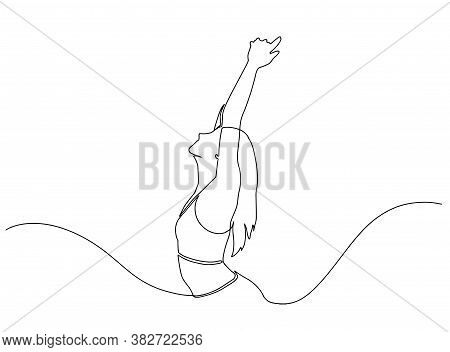 Continuous Line Drawing Of Happy Woman Raising Hands. Continuous Line Art Or One Line Drawing Of A W