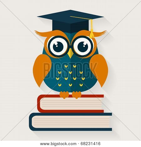 Wise Owl Sitting On The Books. Vector Illustration.