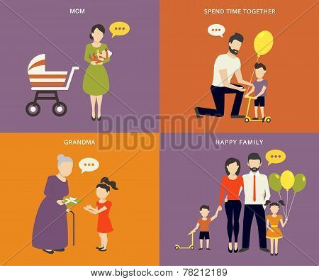 Family with children concept flat icons set