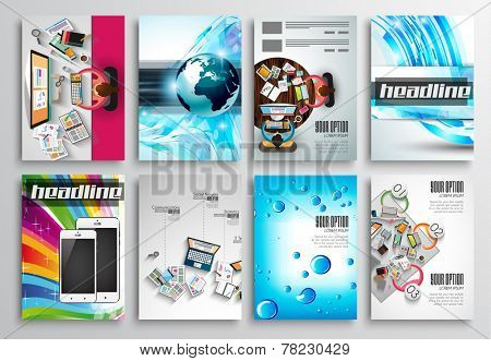 Set of Flyer Design, Web Templates. Brochure Designs, Technology Backgrounds. Mobile Technologies, Infographic  ans statistic Concepts and Applications covers.