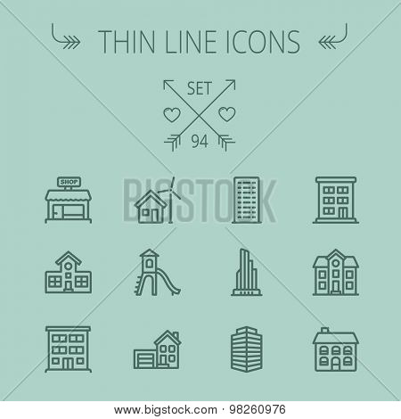 Construction thin line icon set for web and mobile. Set includes -house, playhouse, house with garage, buildings, shop store. Modern minimalistic flat design. Vector dark grey icon on grey background