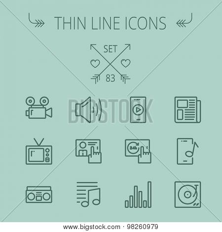 Multimedia thin line icon set for web and mobile. Set includes- speaker volume, notes, knob for volume, equalizer, television, cassette player, newspaper, phonograph icons. Modern minimalistic flat