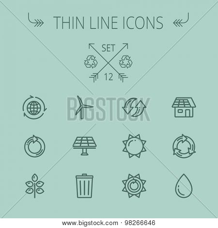 Ecology thin line icon set for web and mobile. Set includes- recycle, sun, water drop, garbage bin, windmill, leaves, global, solar panel icons. Modern minimalistic flat design. Vector dark grey icon