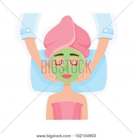 Cosmetician applying cream, mask on young woman face in spa salon, top view cartoon vector illustration on white background. Top view picture of woman getting facial mask in spa, cosmetic procedure