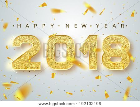 2018 Happy new year. Gold Numbers Design of greeting card of Falling Shiny Confetti. Gold Shining Pattern. Happy New Year Banner with 2018 Numbers on Bright Background. Vector illustration.