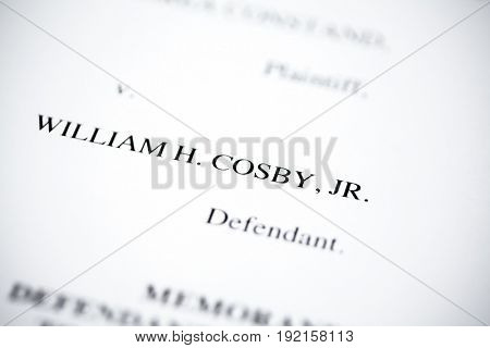 United States - June, 2017: Illustrative editorial image of court case document for defendant Bill Cosby v. plaintiff Andrea Constand for trial held at Montgomery County Courthouse in Pennsylvania.